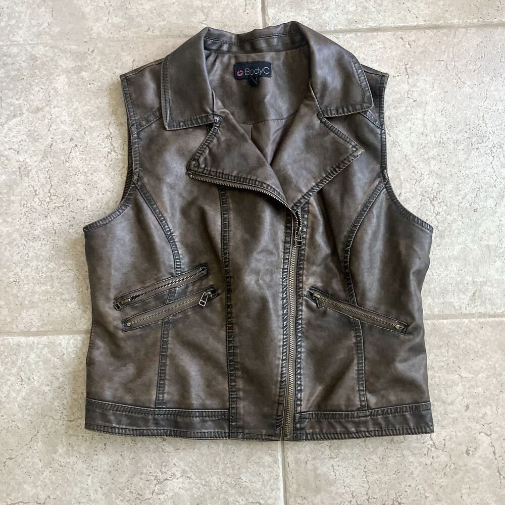 Faux Leather Vest Large Brown Zip Moto Biker Body Central